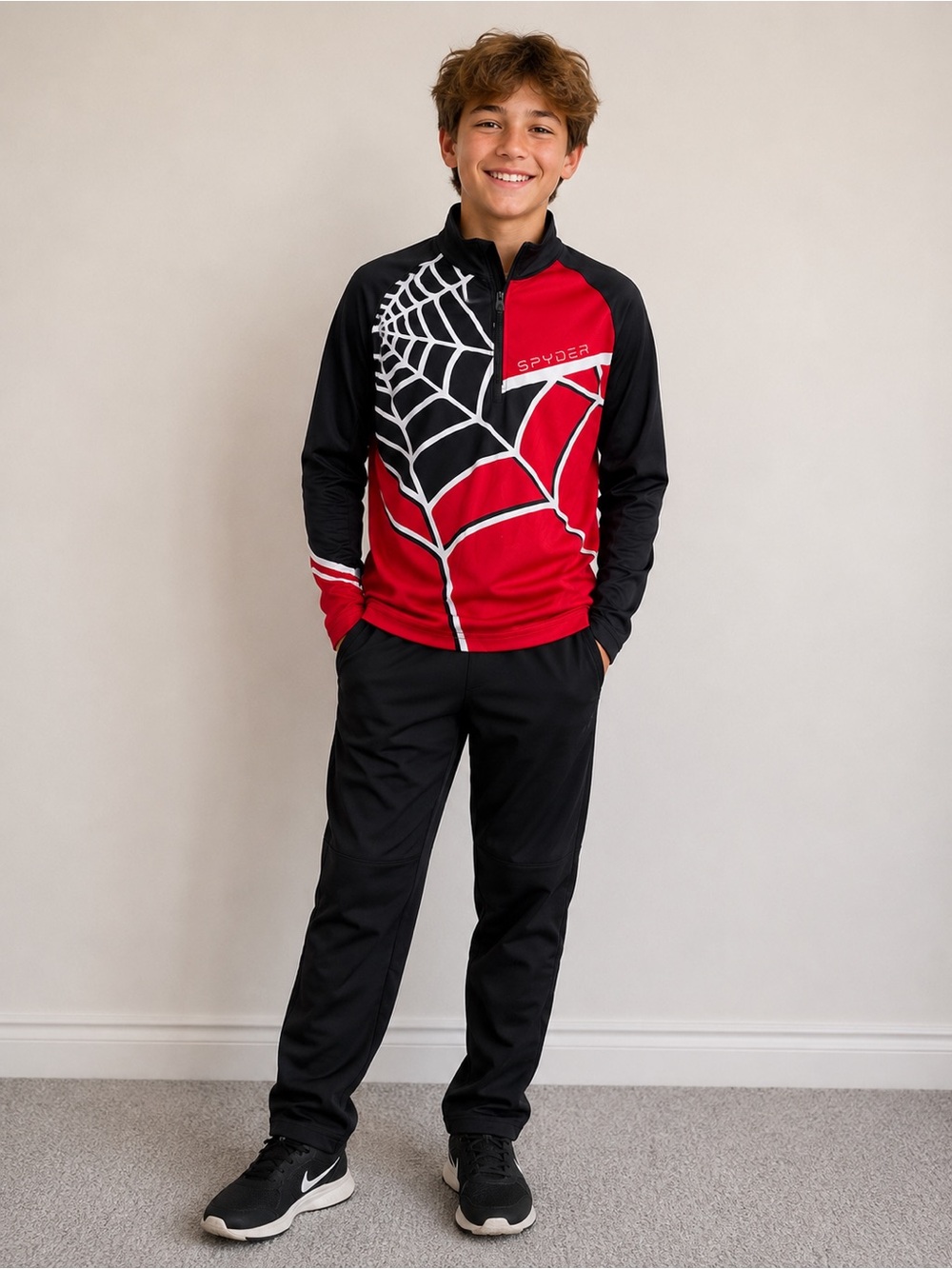 Spyder Kids Spider Web pullover in Red, Black & White